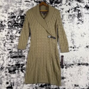 Dana Buchman Cable Knit Shawl Collar Sweater Dress Khaki XL